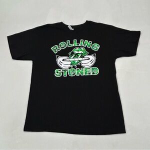 Rolling Stoned 420 Leaf Funny Black Graphic Print Short Sleeve Tee Shirt Men’s L